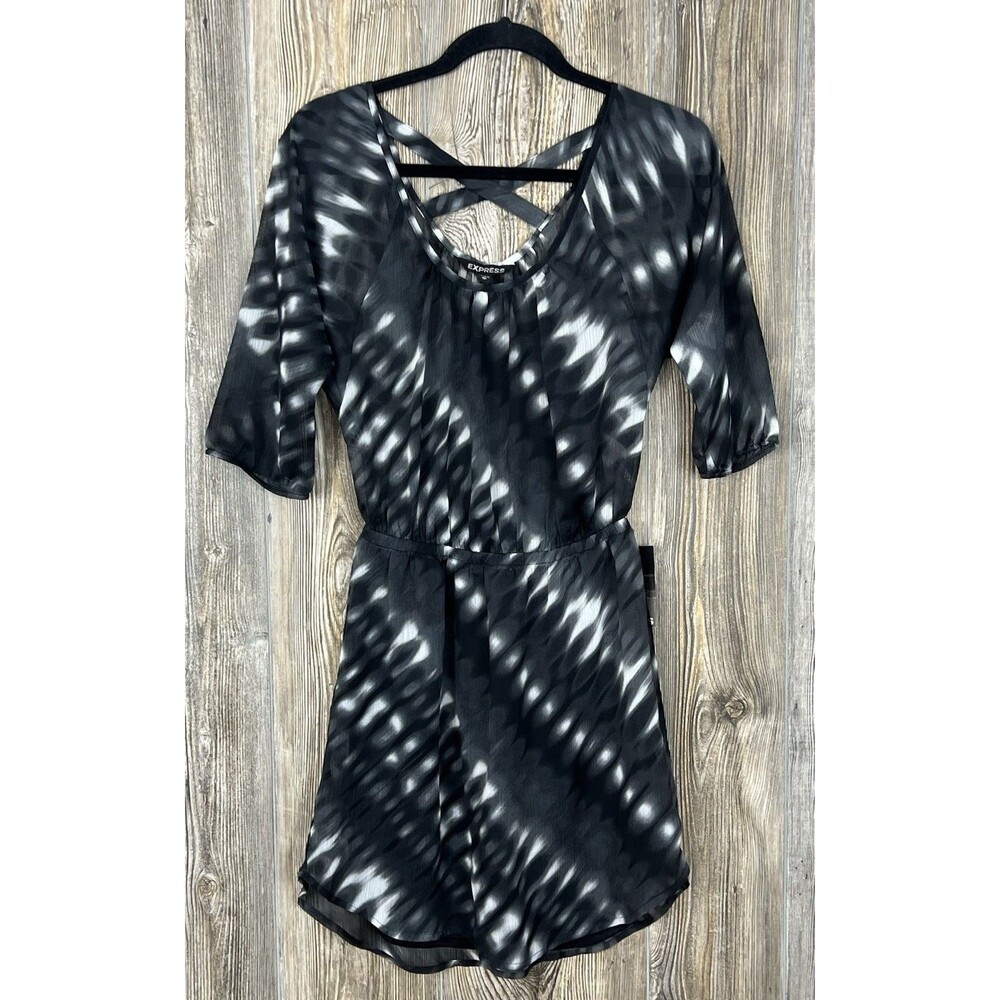 NWT Express Black Tie Dye Dress Fit and Flare Criss Cross‎ Back XS Boho Chic